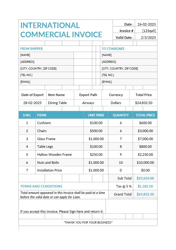 International Commercial Invoice Template PSD template